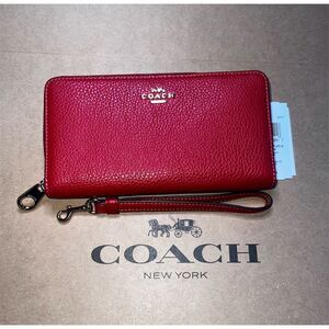 COACH Long Zip-Around Wallet C4451 Red Pebble Leather with Gold Hardware NWT